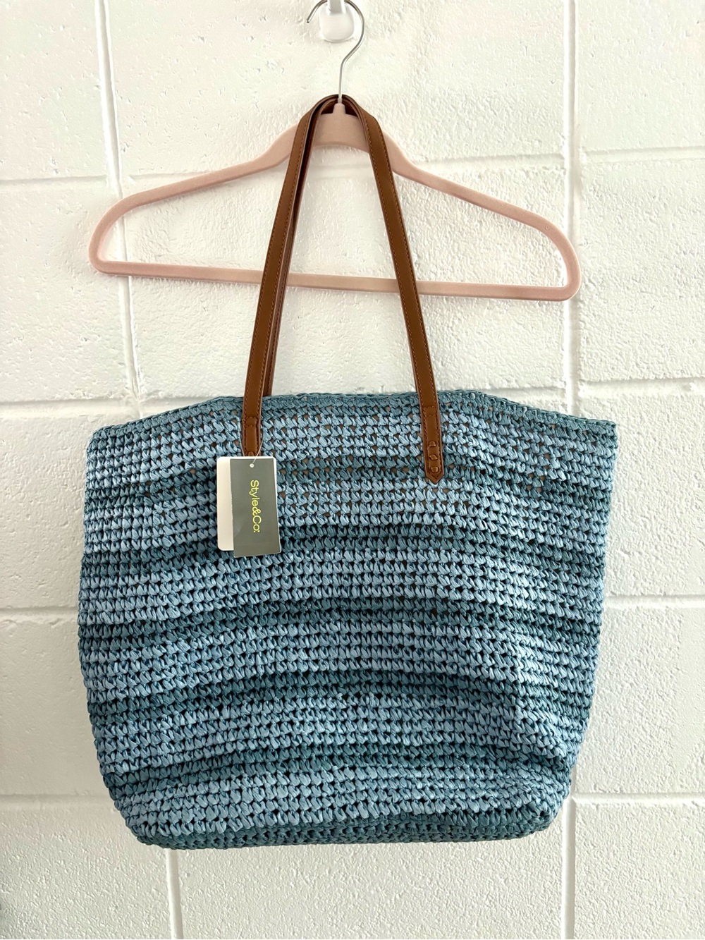 Style & Co. Blue Woven Tote with Tan Handles